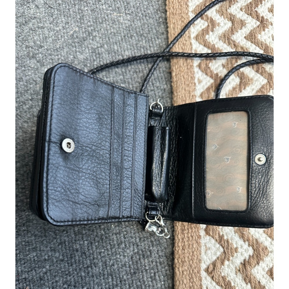 Vintage Brighton‎ Mini Crossbody Wallet Organizer Pebbled Black Leather Braided - Picture 5 of 10